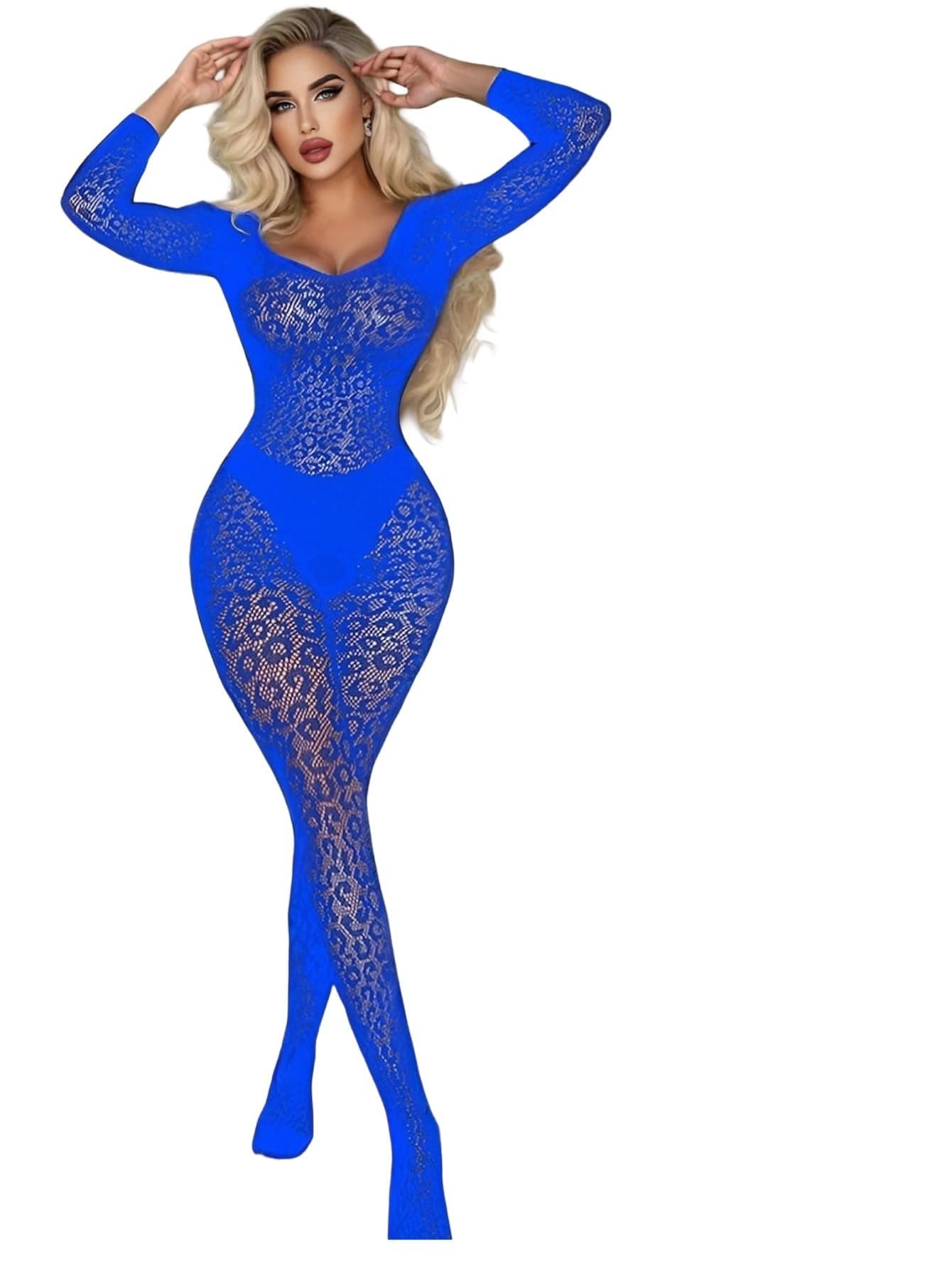 GirlFriend Lingerie for Women Lovely One Piece Deep V Neck Teddy Babydoll Mesh Nightwear for Women Mesh Badydoll Fishnets Dresses See Through Lingerie Chemise Outfits Sapphire