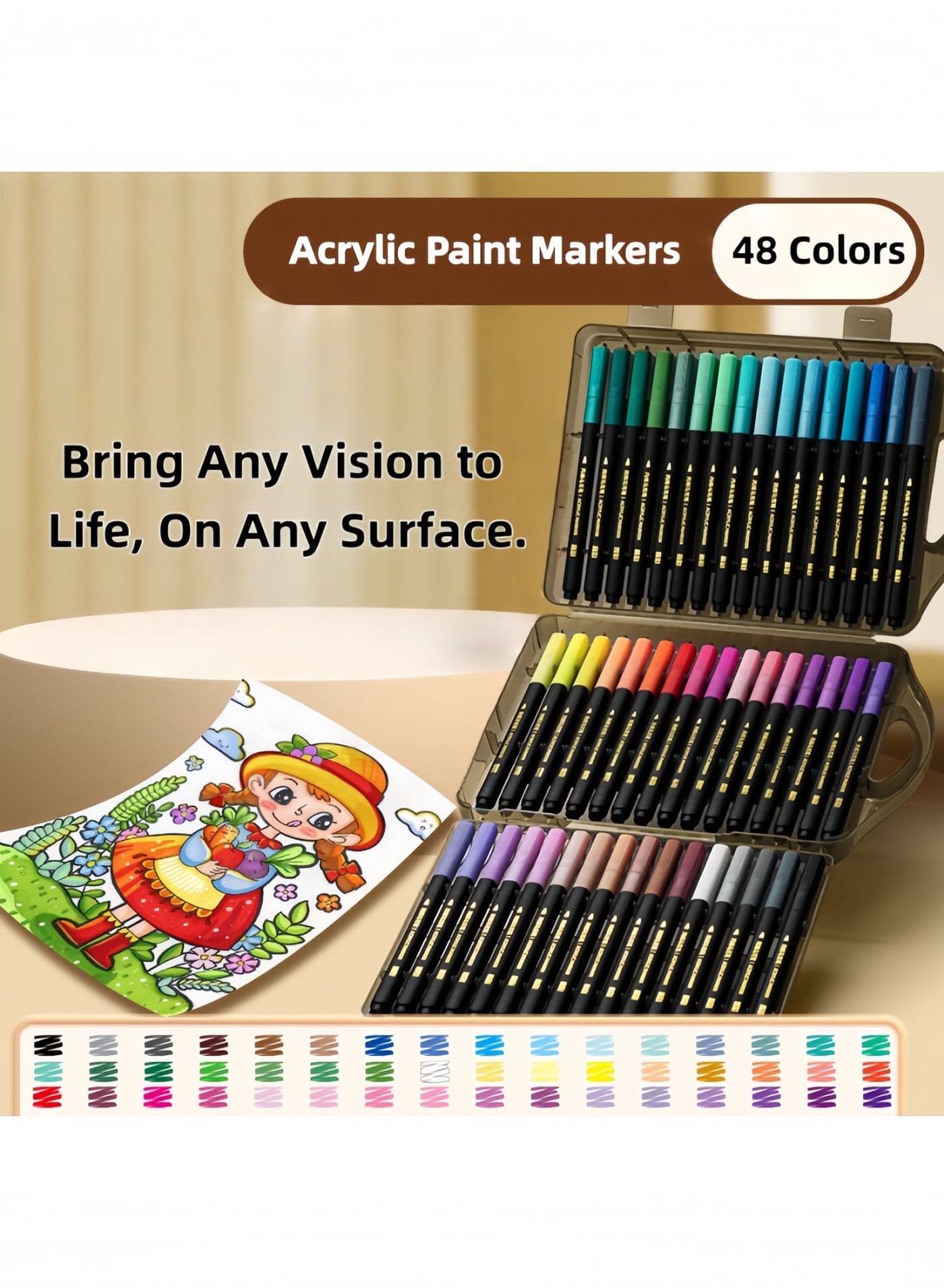 48 Colors Premium Acrylic Marker Set in Black Case | Non-Press Drawing Markers for Paper, Glass, Ceramic, Wood, Rock, Fabric Coloring | Great for Kids, Artists, DIY Crafts