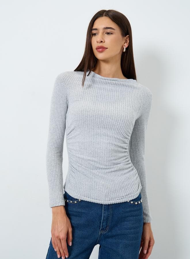 Grey Draped Neck Ribbed Top