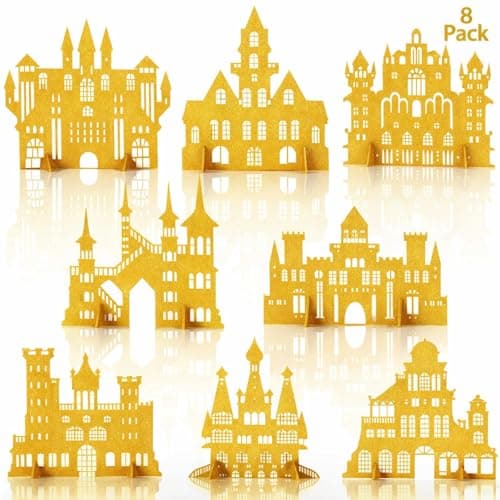 Tenare 8 Pieces Castle Table Centerpiece Gold Glitter Princess Castle Centerpiece Princess Theme Decorations for Baby Shower Birthday Party Table