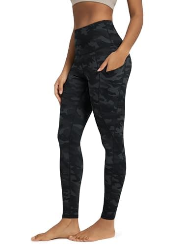 ODODOS Women's High Waisted Full Length Yoga Leggings with Pockets, 28" Inseam Tummy Control Non See Through Workout Athletic Running Yoga Pants, Camo Dark Gray, Medium
