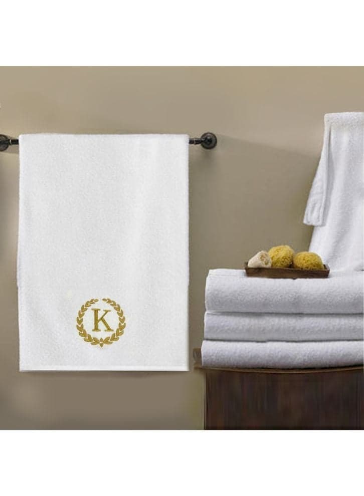 Embroidered For You (White) Luxury Monogrammed Bath Towel (70x140Cm-Set of 1) Cotton, Highly Absorbent and Quick dry, Classic Hotel and Spa Quality Bath Linen-600Gsm(Golden Letter K)