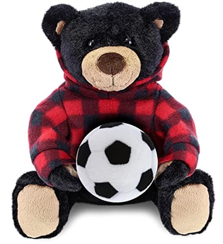 DolliBu Black Bear Stuffed Animal with Soccer Ball Plush Soft Huggable Teddy Bear Adorable Playtime Black Bear Plush Toy Cute Space Life Sports Gift for Kids and Adults 10 Inch
