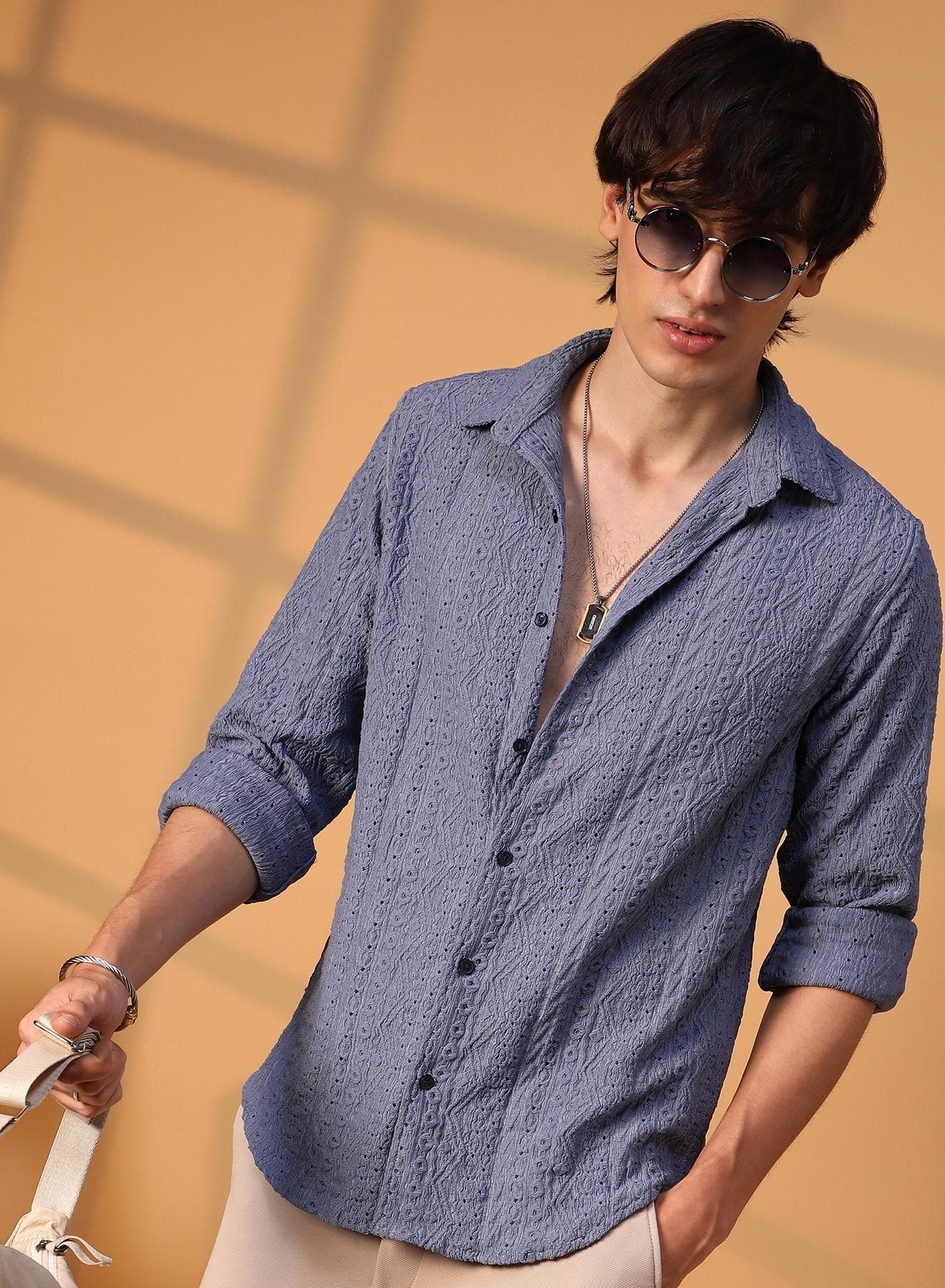 Men's Stone Blue Aztec-Textured Shirt