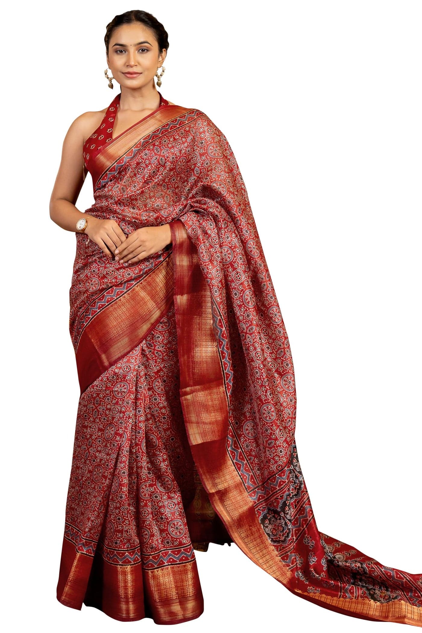 MIRCHI FASHION Women's Art Silk Ajrakh Printed Saree with Blouse Piece (42844 - Red, Dusty Blue)