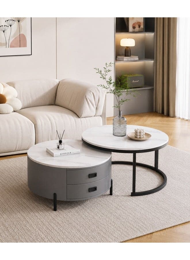Modern Round Nesting Coffee Table Set with 2 Storage Drawers, Faux Marble Top, Space-Saving Living Room Furniture, Grey & White