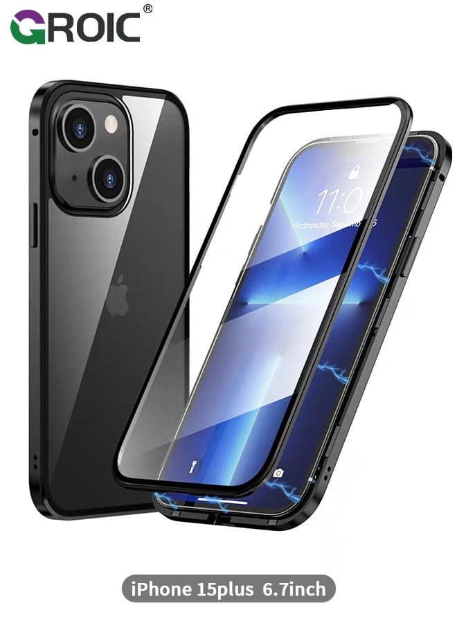 Privacy Magnetic Case for iPhone 15 Plus with Anti Peeping, Tempered Glass Double-Sided Phone Screen Protector, Clear