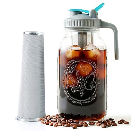 Mason Jar Cold Brew Coffee Maker 64 OZ ( 2 Quart ) Wide Mouth Cold Brew Pitcher With Stainless Steel Fine Mesh Filter Airtight & Leakproof Mason Jar Pitche For Coffee, Iced Tea, Sun Tea, Lemonade