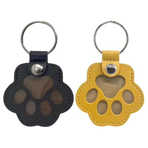 Pmeixcy Personalized Pet Hair Keepsake Box for Dog, Pets Hair Storage Pouch Fur Memorial Keyring for Pet Commemorative,Dog Cat Paw Shape Leather Keychain Pendant (Yellow and Maroon)