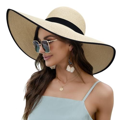 Naivlizer Women Wide Brim Sun Hat UPF50 Straw Summer Hat Floppy Beach Hat Roll-Up,Beige