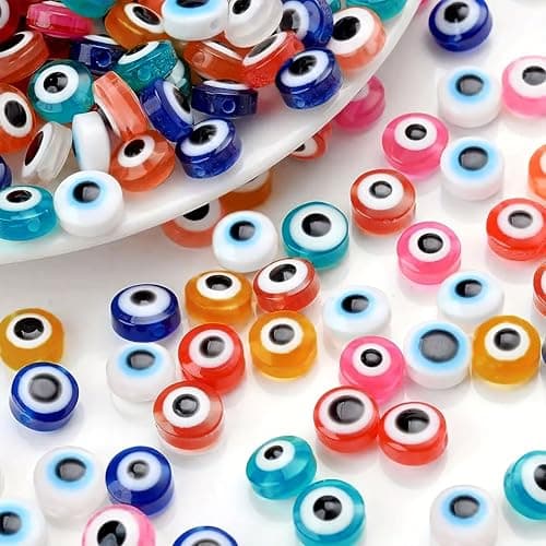 INDIKONB Evil Eye Beads - Multicoloured Flat Disc Shaped Acrylic Beads for Jewellery, Bracelet, Anklet Making - Pack of 100 Beads for Craft and DIY Projects (8MM)