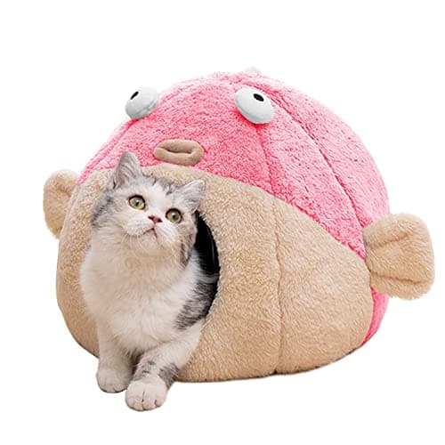 Cat Beds for Indoor Cats Cat Bed Cave with Removable Washable Cushioned Pillow Soft Plush Premium Cotton No Deformation Pet Bed Lively Pufferfish cat House Design Pink Multiple Sizes