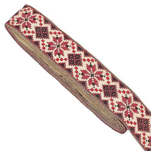 DELORIGIN 10 Yards Ethnic Style Jacquard Ribbon 118 inch 28mm Floral Fabric Trim Embroidered Woven Lace Ribbon for Sewing Clothing Bag Holiday Party Decor Gift Wrapping Halloween Dress Costume