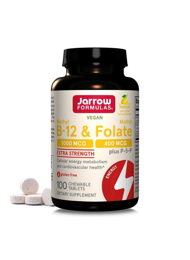 Extra Strength Methyl B-12 1000 mcg & Methyl Folate 400 mcg + P-5-P, Dietary Supplement for Cellular Energy Metabolism and Cardiovascular Support, 100 Chewable Tablets, 100 Day Supply
