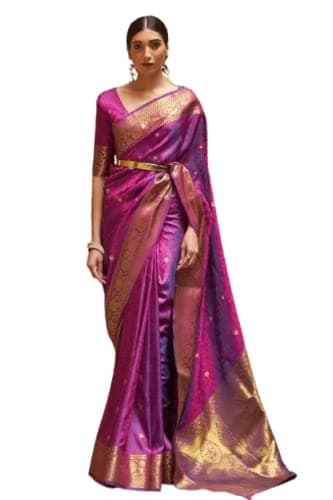 SWORNOF Women's Kanjivaram Patola Silk Sarees For Women With Unstitched Blouse Piece, Purple