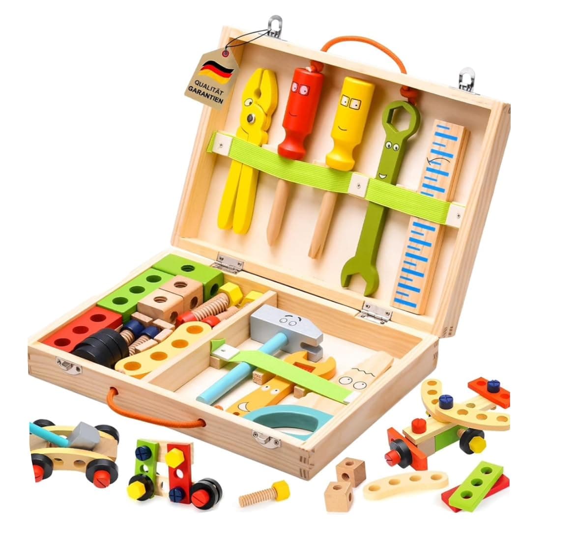 TOYARTSY Wooden Tool Box and Accessories Set – Pretend Play Kit with Hammer, Screwdriver, Wrenches, and Tools | Educational Construction Toys for Kids | Interactive Role-Play Toy Set