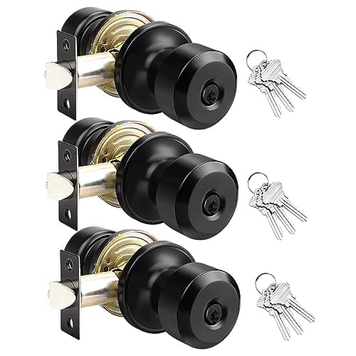 KNOBWELL 3 Pack Entry Door Knob with Lock and Keys, Keyed Alike Exterior Door Knobs in Matte Black Finish