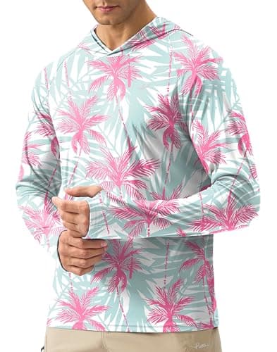 Pudolla Men's Sun Protection Hoodie Shirts UPF 50+ Rash Guard SPF Long Sleeve Fishing Shirt for Men Swim Hiking Boating(Pink Tree Medium)