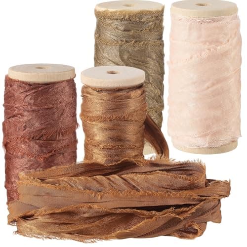 Mindsoft 20 Yard Silk Satin Irregular Frayed Ribbon Handmade Fringe Ribbon with Wooden Spool for Craft Gift Wrapping Baby Shower Wedding Bridal Bouquets Holiday Decor Mixed Orange Color