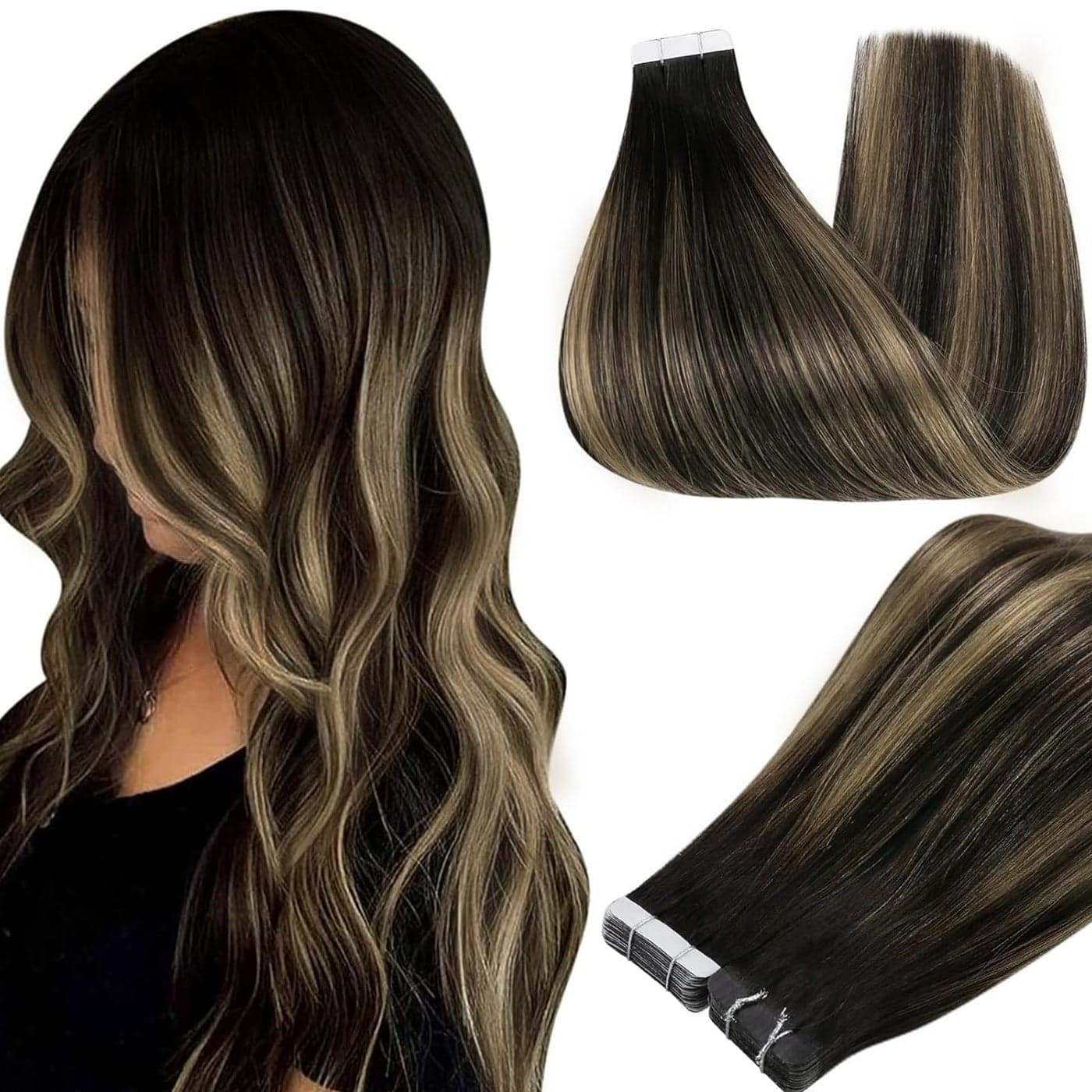 Full Shine Tape in Extensions 22Inch Tape in Hair Extensions Human Hair Color 1B271B Off Black Ombre Honey Blonde Extension Invisible Remy Skin Weft 50G 20Pcs for Women Silky Straight