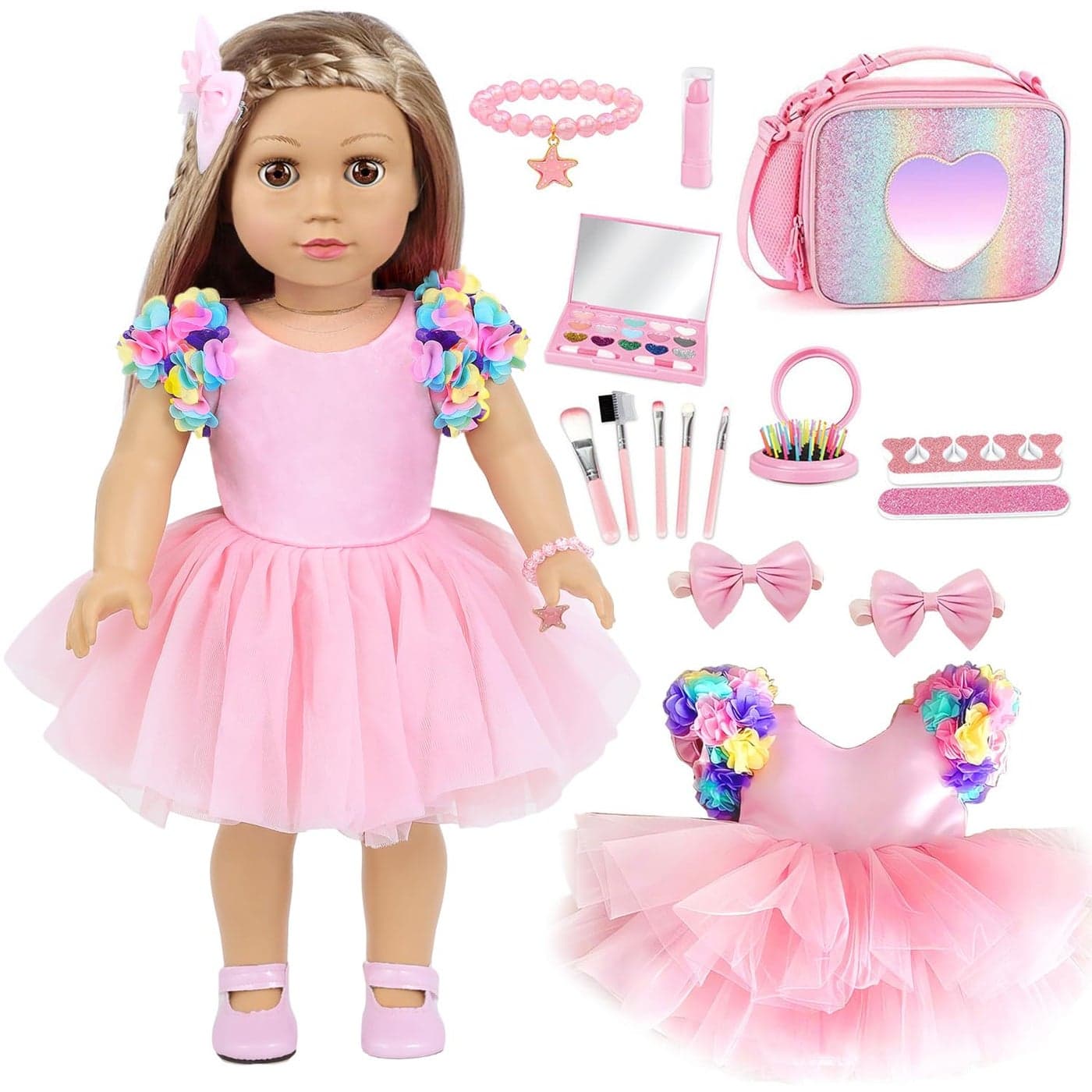 American 18 Inch Doll Clothes and Accessories Makeup Playset Fit 18 Inch Doll Including Fashion Skirt, Bag, Eye Shadow Plate, Lipstick, Comb Mirror, Pair of Hairpins, Makeup Brushes, Bracelet