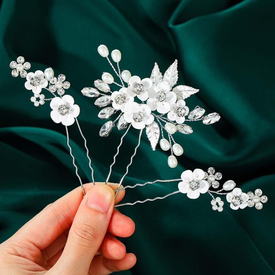 Gorais Flower Wedding Hair Pins Crystal Bridal Hair Pieces Pearl Bride Hair Clips Hair Accessories for Women and Girls Pack of 3