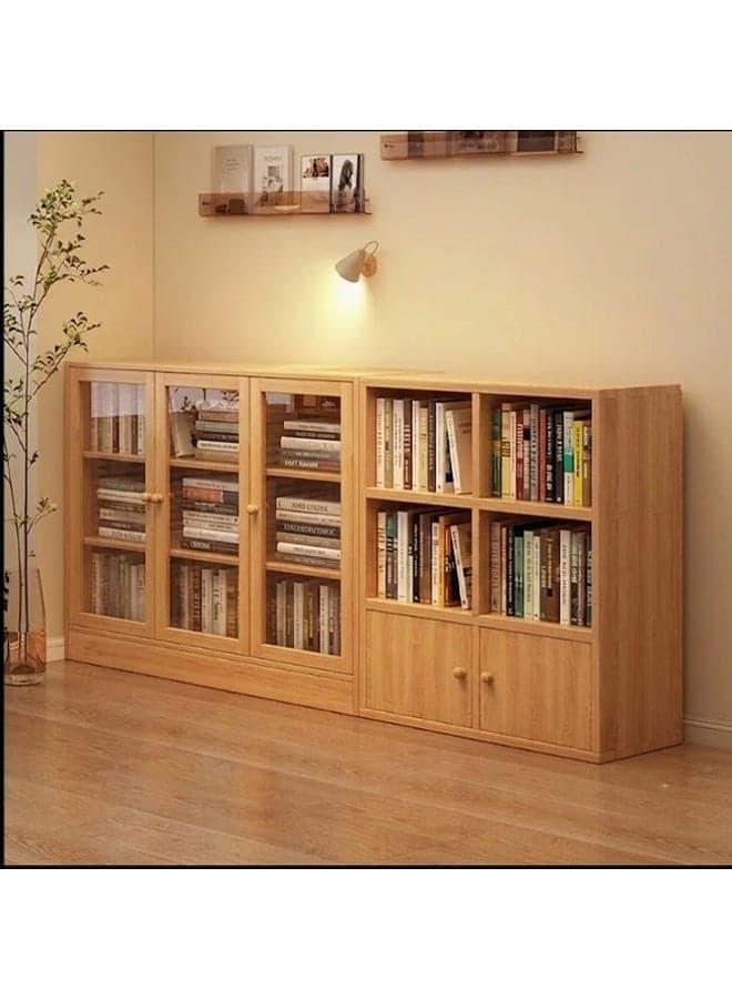 Wooden Storage Bookshelf Cabinet with Transparent Glass Doors | Multi-Layer Bookcase Organizer for Living Room, Bedroom, Office & Study Room | Modern Display Storage Rack | Natural Wood Finish