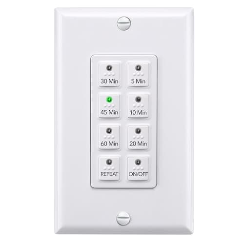 BN-LINK Countdown Digital Wall Timer Switch for Exhaust Fan with Push Button 5-10-20-30-45-60mins, Bathroom Fan Light Switch Timer Indoor, Neutral Required, Wall Plate Included, White