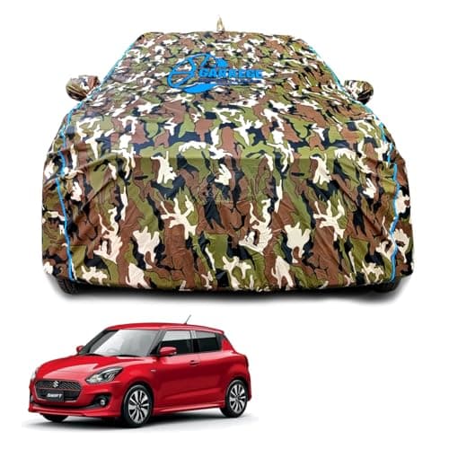 GARREGE Swift 2018 2024 2025 2026 Swift Car Body Cover Waterproof with Mirror for Antenna Pocket and Soft Cotton Lining (Full Bottom Elastic Triple Stitched) (Jungle Print with Blue Piping) Style