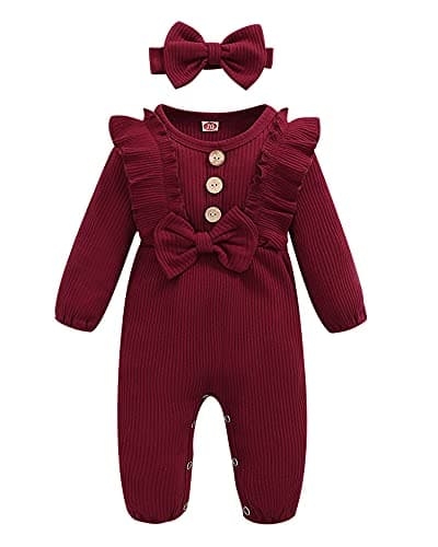 Mioglrie Newborn Baby Girl Clothes Romper Cute Baby Girl Stuff Cotton Newborn Girl Clothes Ruffle Baby Girl Outfits Gifts Maroon 0-3 Months Baby Girl Clothes