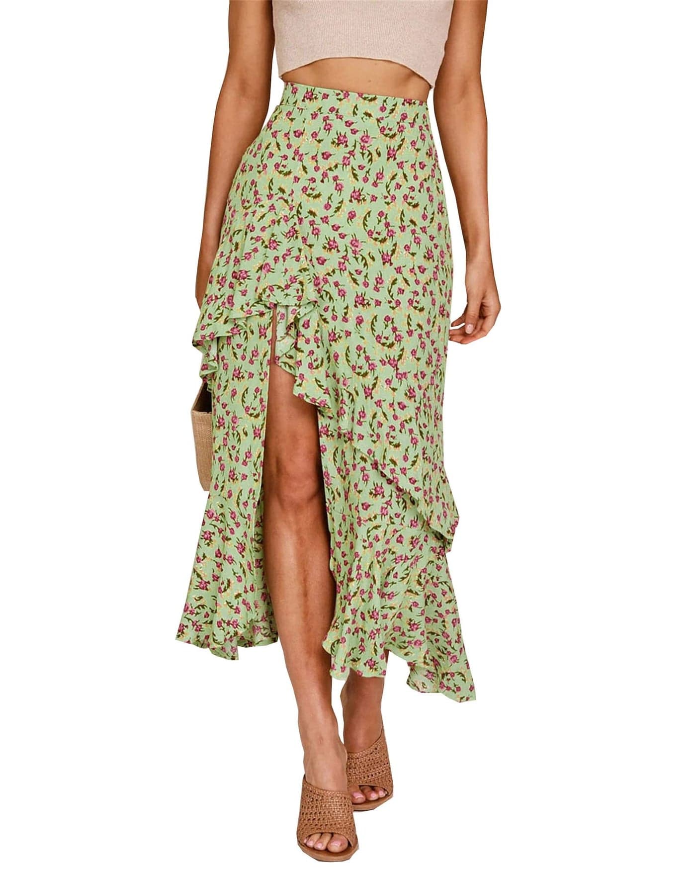 BTFBM Women 2025 Summer Spring Boho Long Skirts Dress Floral Print Elastic Waist Split Ruffle High Low Beach Maxi Skirt(Z-Green, Medium)