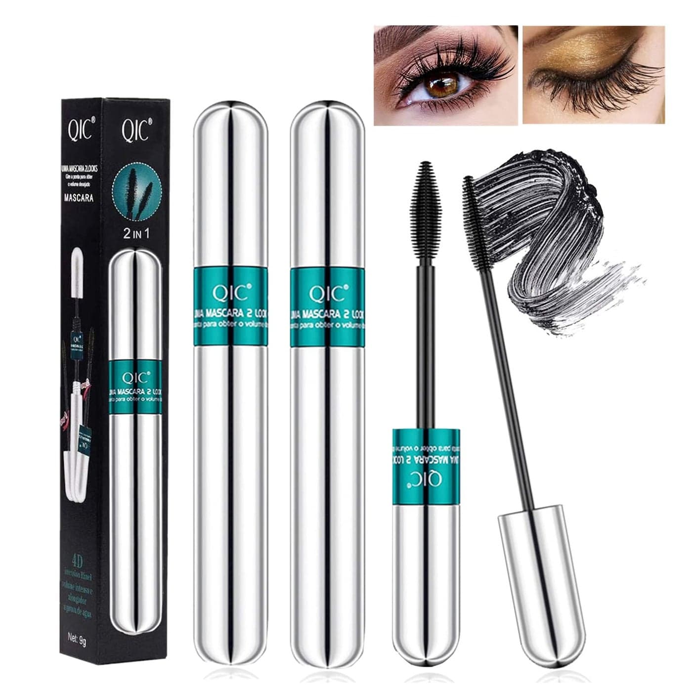 2 Pack Lash Cosmetics Mascara 5x Longer Lash Mascaras 2 in 1 Black Mascara Waterproof Volume and Length Eye Cosmetics LongLasting Natural Liquid Eyelash Mascaras Black Makeup