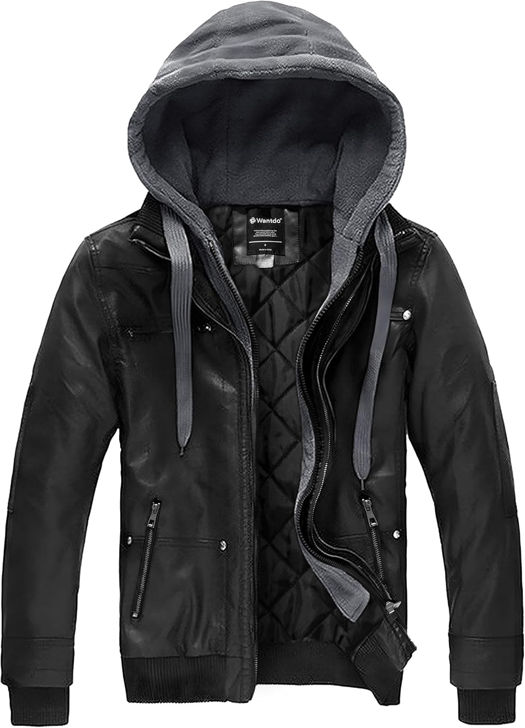 Wantdo Men's Faux Leather Hooded Jacket - Black, X-Large