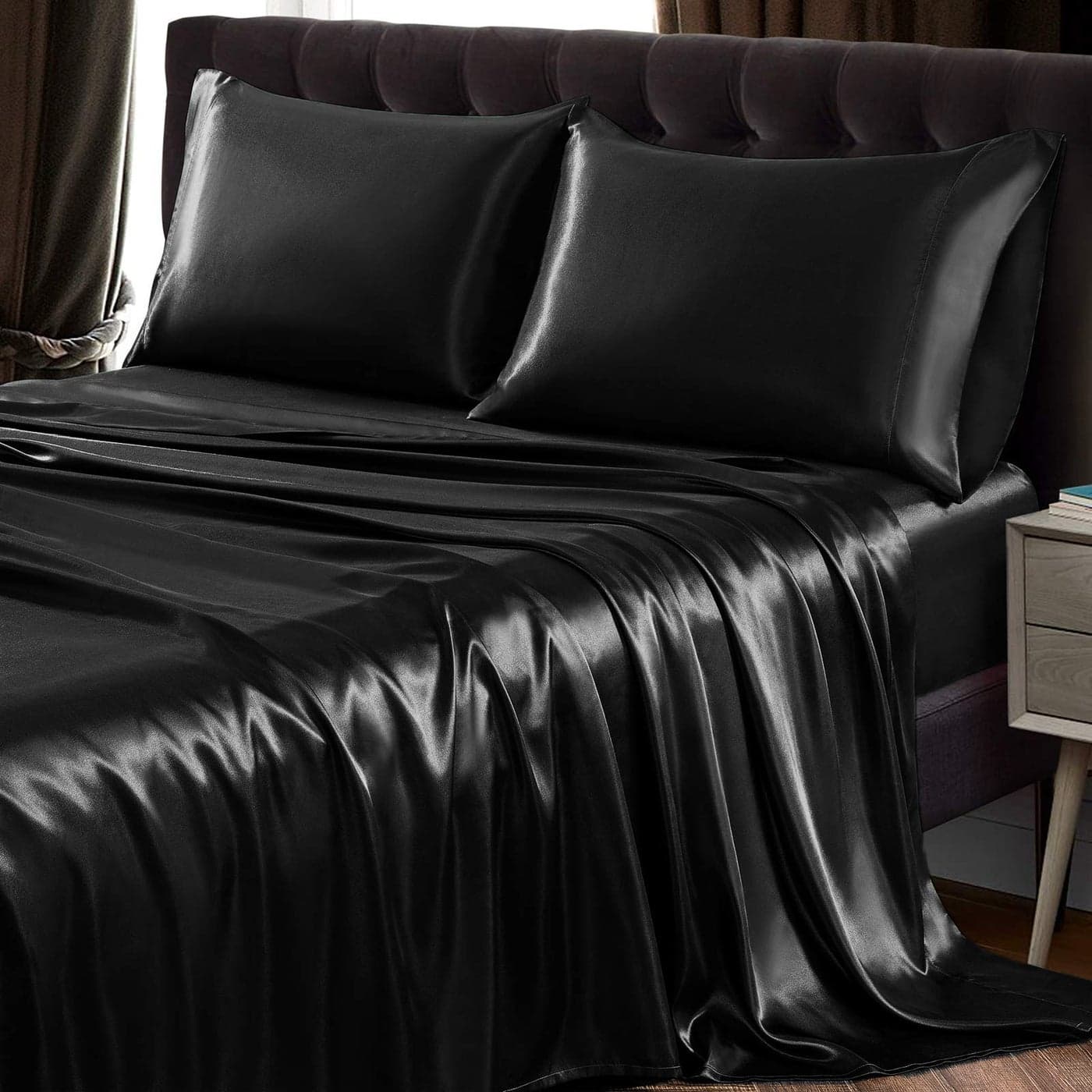 SiinvdaBZX 3Pcs Twin XL Sheets Set Black Silky Satin Sheets Twin XL Bedding Set UltraSoft Extra Long Bed Sheets for College Dorm