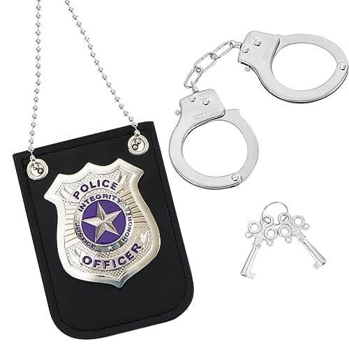 Spooktacular Creations Police Pretend Toy Set for Kids Silver Police Badge Handcuffs Cop Play Costume Accessories Halloween Party Favors Detective Dress Up Christmas Stuffers for Boys Men Women