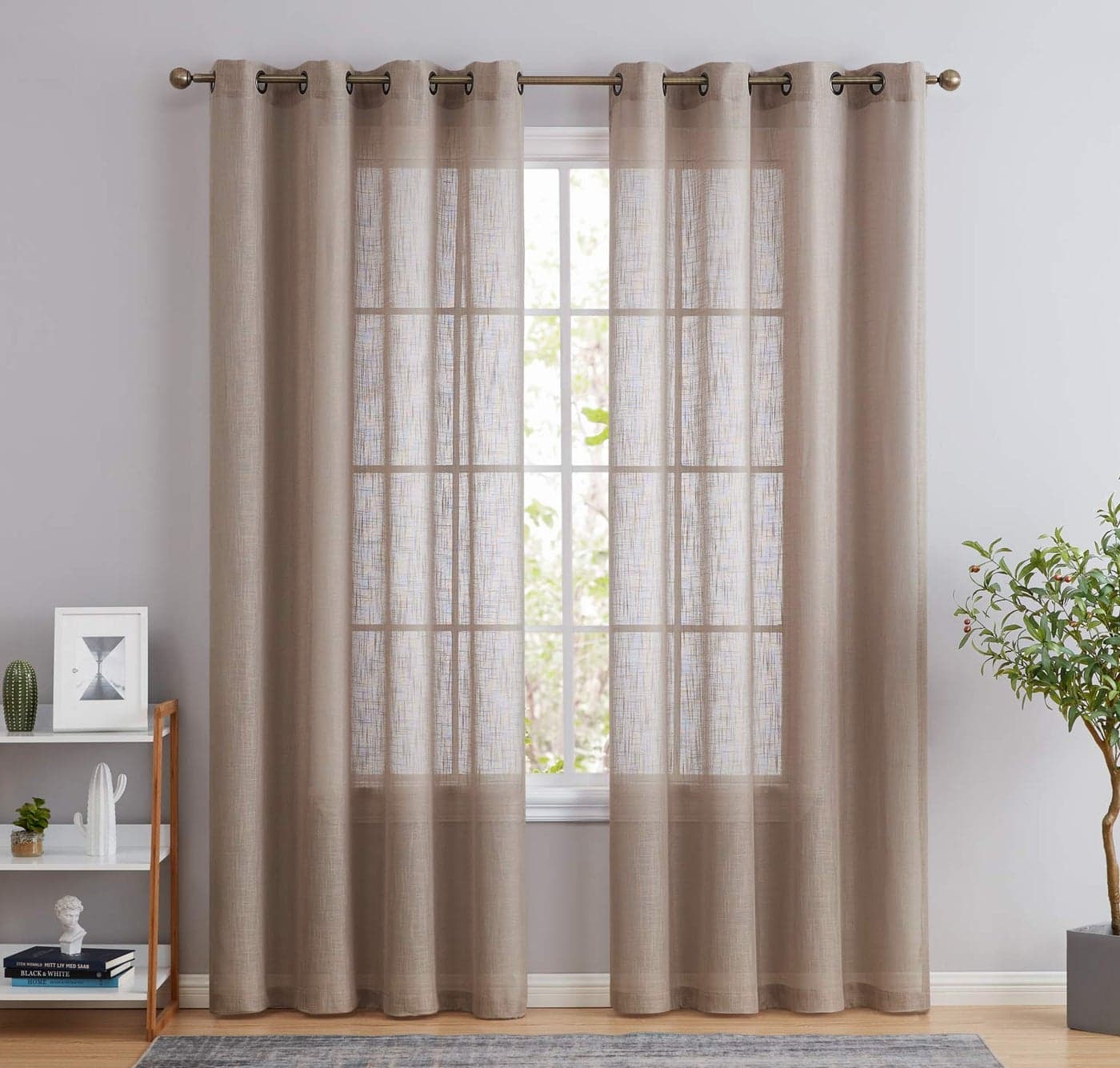 HLCME Abbey Faux Linen Textured Semi Sheer Privacy Sun Light Filtering Transparent Window Grommet Short Thick Curtains Drapery Panels for Office Living Room 2 Panels 54 W x 63 L Taupe