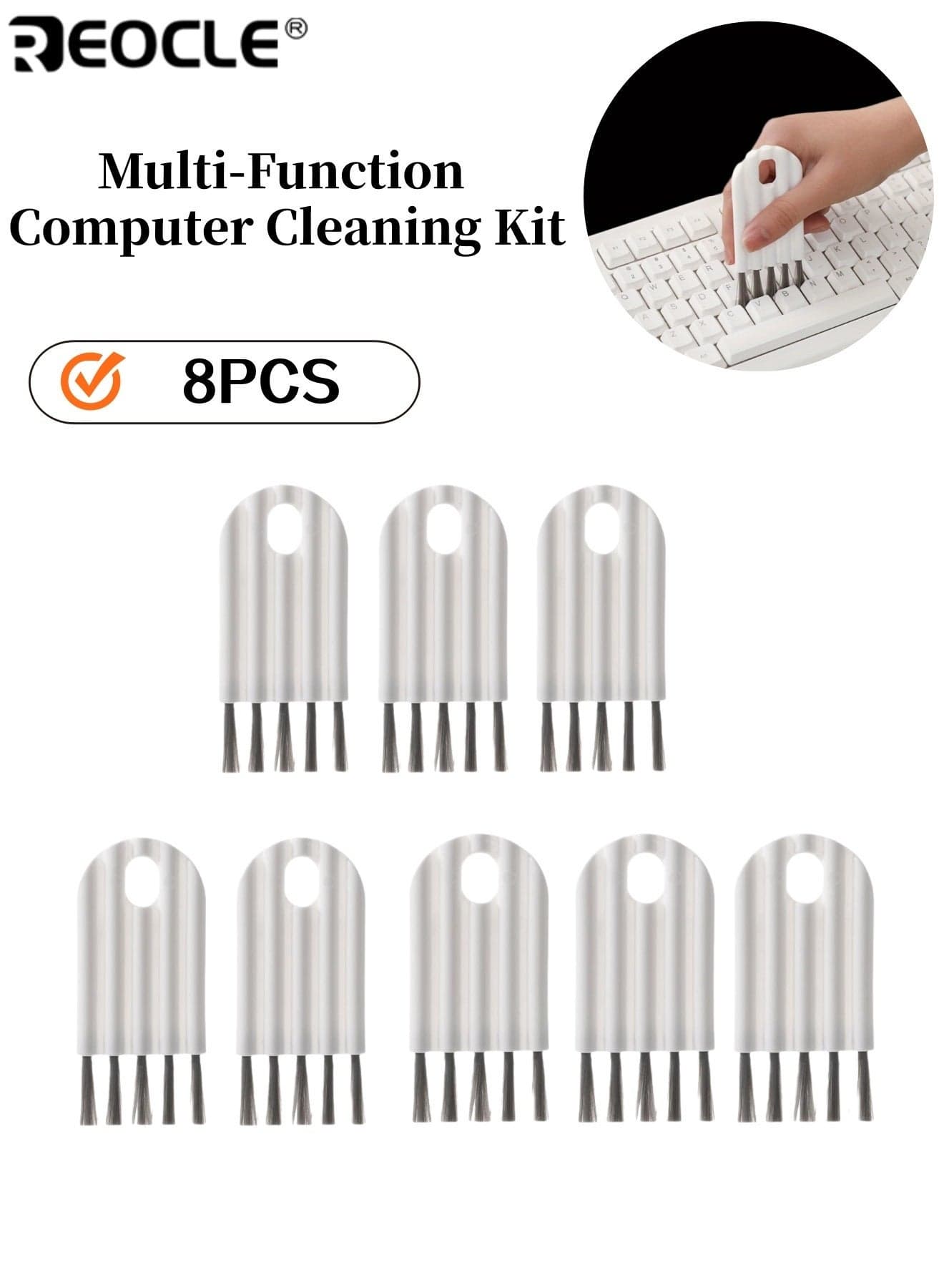 8pcs Multi-Function Computer Cleaning Kit Soft Brush Keyboard Cleaner Corner Gap Duster Cap Cleaner Ergonomic Anti-Slip Texture Grip No-Drill Adhesive Hanging Design