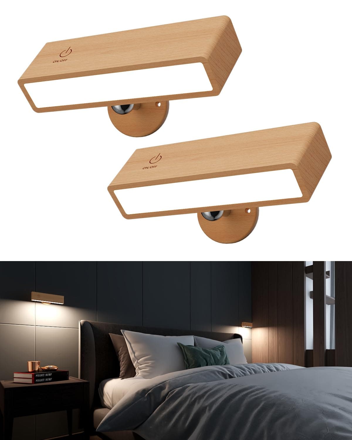 YiLaie Wall Sconces Battery Operated Set of Two,Rechargeable Wall Lamps for Bedroom,Wall Lights Wireless Dimmable,Wood Wall Sconce with 360 Rotation,Peel and Stick Wall Sconces for Bedroom Bedside