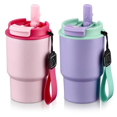 13.5oz Kids Insulated Tumbler with Straw,2 Pack Kids Insulated Water Bottle Stainless Steel Double Wall Vacuum Tumbler with 2 in 1 Sip/Swig Lids,Leak Proof Water Bottle for School(Pink-Purple)