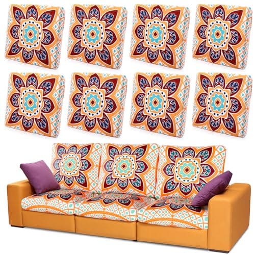 Hahafelt 8 Pcs Stretch Patio Cushion Covers Outdoor Sofa Cushion Covers Replacement Printed Bohemian Floral Sofa Seat Covers Soft Couch Covers with Elastic Bottom