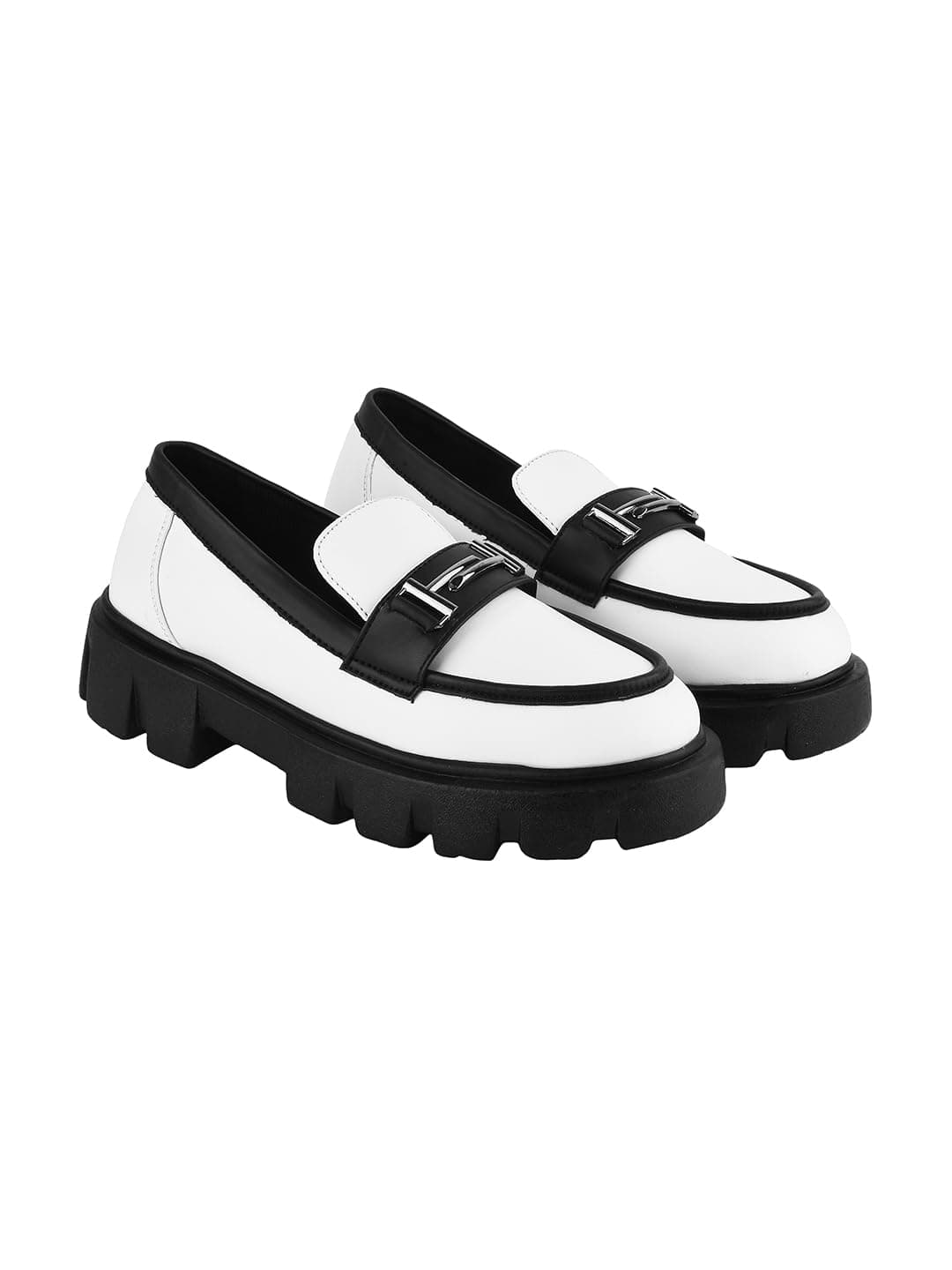 Shoetopia Front Buckle Detailed White Loafers for Women & Girls /UK3-EU36
