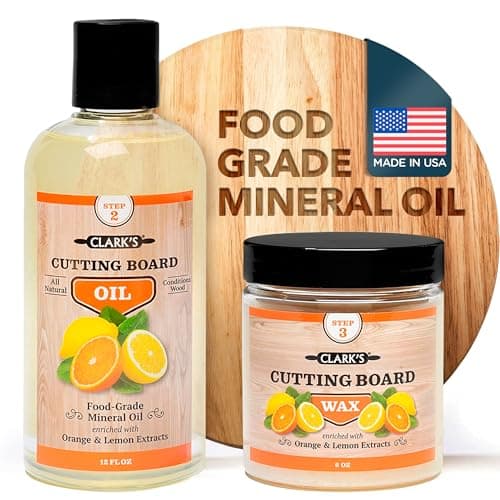 CLARKS Food Grade Mineral Oil 12oz and Carnauba Wax 6oz Set 100 Natural Butcher Block Oil and Cutting Board Wax Food Safe Beeswax and Wood Cutting Board Oil with Orange Lemon Extract
