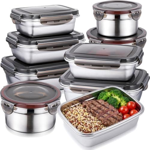 Teecyhooo 8 Pcs 304 Stainless Steel Food Storage Containers with Lids Leakproof, Reusable Airtight Meal Preparation Container Round and Square Stackable Food Container for Kitchen Picnic(Black Lids)
