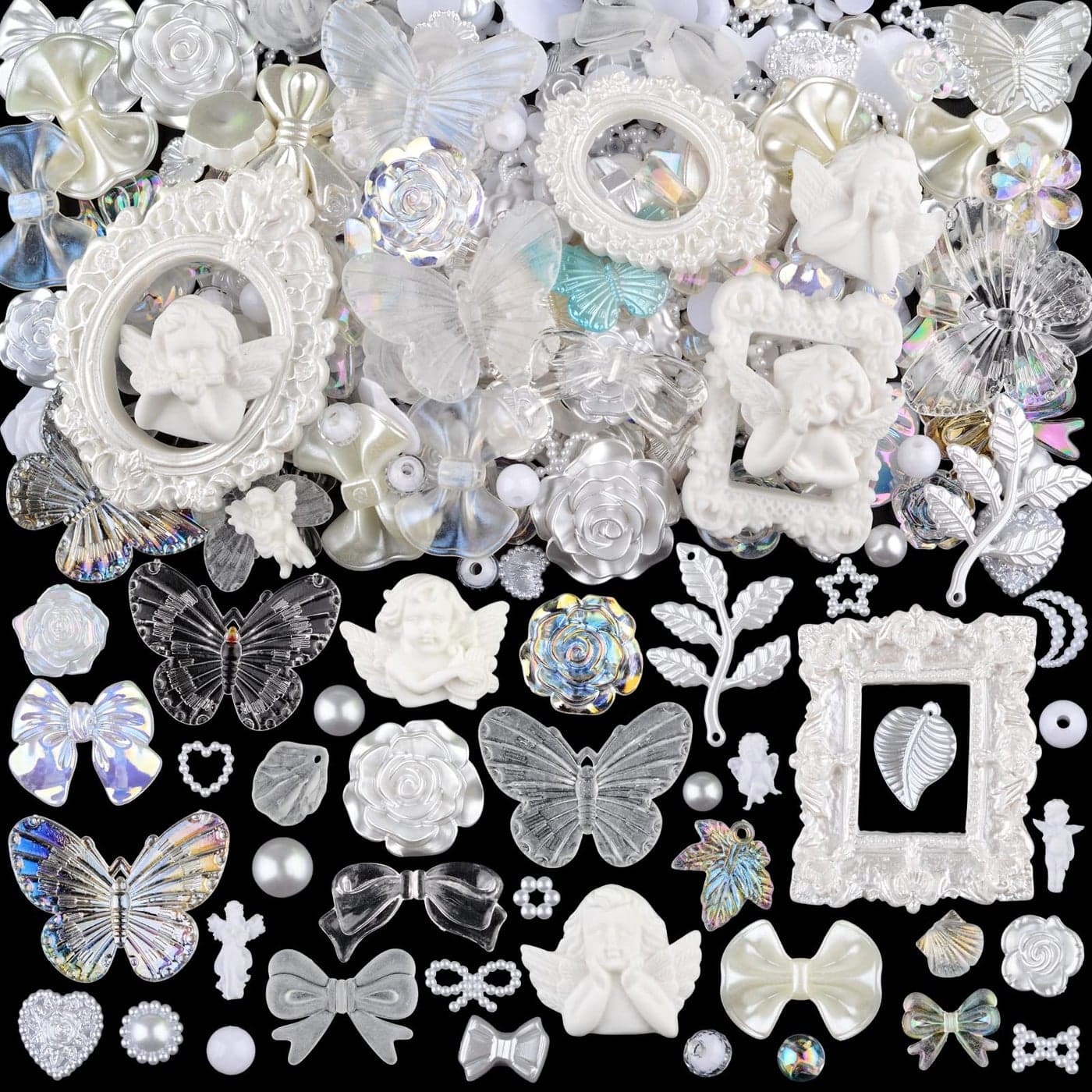 kikonoke 350 Pieces 3D Resin Rose Flower Bows Butterfly Embellishments Angel Charms Picture Frame with Flatback Pearl Beads for Craft DIY Making Supplies White