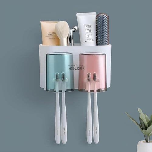 MosQuick®Bathroom Organiser Without Drill Tooth Brush Holder Bathroom with 2 Inverted Cups Brush Holder for Bathroom Bathroom Accessories Set Toothbrush Holders for Bathroom wall Toothbrush Holder