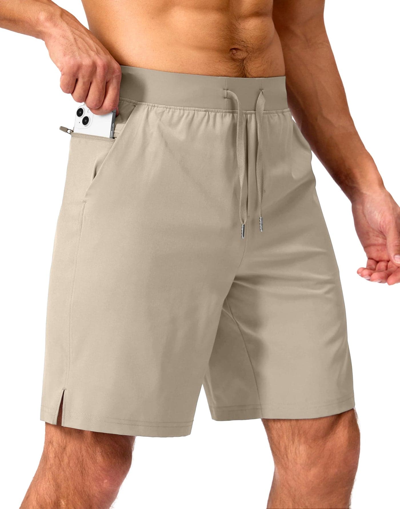 Soothfeel Men's Running Shorts with Zipper Pockets 9 Inch Lightweight Quick Dry Gym Sports Athletic Workout Basketball Shorts for Men (Khaki, XL)