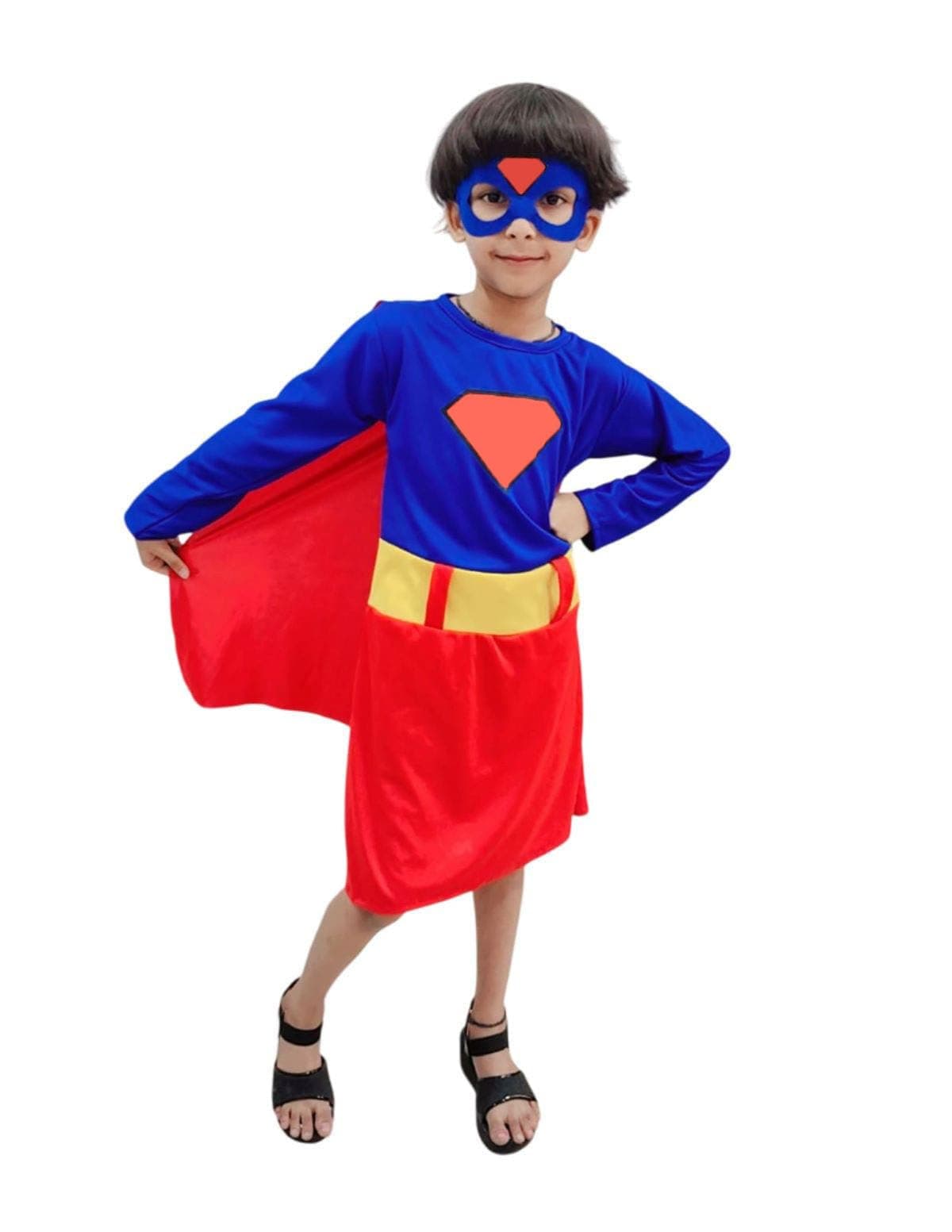 BookMyCostume Supreme Red & Blue Super Hero Costume for Girls – Dress with Cape & Eye Mask | Superhero kids Fancy Dress Outfit For Girls | 8-10 Years