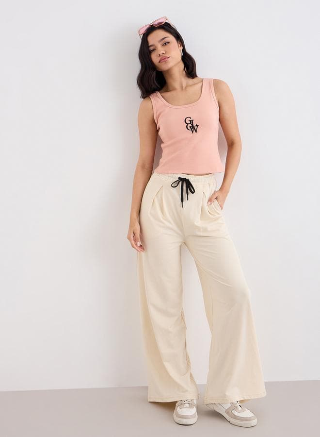 Styli Beige Wide Leg Jogger with Pleat Detail