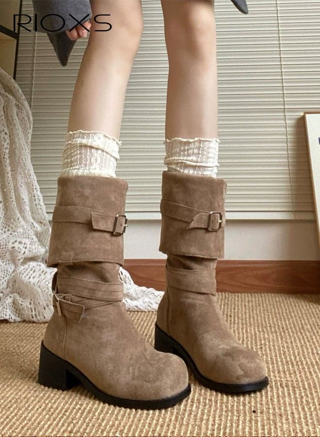 Women's Knee High Boots, Casual Slouchy Boots Riding Biker Boots, Square Toe Pull On Booties for Women, Chunk-Heeled Fold Over Tall Booties, Lady's Platform Boot Knight Booties, Fashion Tosh Boots for Ladies, Trendy Womens Footwear Brown Boots