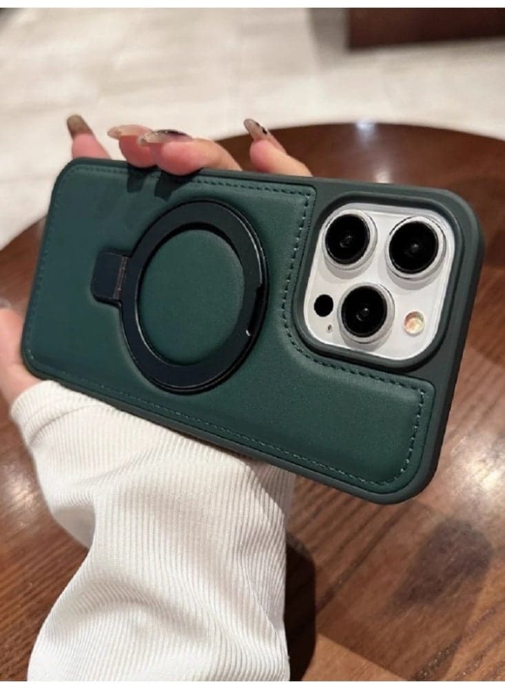 New Magnetic Charging Bracket Phone Case Simple And Plain Leather Airbag Anti Drop Green Suitable For iPhone 16 Pro Max